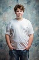 English Endomorph Fatty Teen Boy, Contemporary, Crisp, Realistic T Shirt Mockup, White T-Shirt Ideal For Design Mockups And Apparel Presentations for Magazine, Personal, Fashion photo