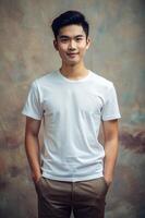 Malaysian Lean Healthy College Boy, Fresh, Polished, White Oversized T-Shirt With Blank Space, Suitable For Design Mockups And Print Applications for News, Health and Fitness, Events photo