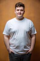 French Overweight College Boy, Fresh, Polished, Unisex T Shirt Mockup, White T-Shirt Ideal For Design Mockups And Apparel Presentations for News, Personal, Technology photo