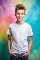 Australian Rectangular Teen Boy, Fresh, Polished, White Oversized T-Shirt With Blank Space, Template Of Fashion Clothes for Blog, Health and Fitness, Technology photo