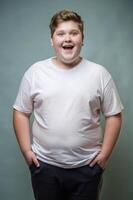 Canadian Overweight Teen Boy, Contemporary, Streamlined, White Oversized T-Shirt 3D Rendering, Template Of Fashion Clothes for Retail, Community, Technology photo