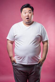 asiático obeso gimnasio chico, elegante, equilibrado, blanco de gran tamaño camiseta 3d representación, burlarse de arriba t camisa concepto para minorista, fotografía, creativo agencia foto