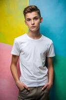 Dutch Mesomorph Musculargym Teen Boy, Elegant, Balanced, White Oversized T-Shirt 3D Rendering, Mock Up T Shirt Concept for Portfolio, Non-profit, Technology photo