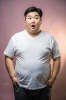Asian Obese Gym Guy, Innovative, Simple, Unisex T Shirt Mockup, White T-Shirt Ideal For Design Mockups And Apparel Presentations for Retail, Personal, Fashion photo