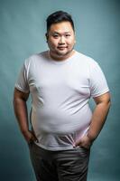 Indonesian Obese Gym Guy, Fresh, Balanced, Realistic T Shirt Mockup, Template Of Fashion Clothes for Retail, Marketplace, Creative Agency photo