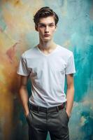 French Underweight College Boy, Contemporary, Crisp, White Oversized T-Shirt 3D Rendering, Suitable For Design Mockups And Print Applications for Retail, Marketplace, Music photo
