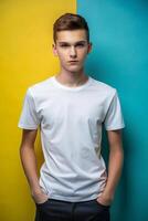 French Underweight College Boy, Timeless, Artistic, White Oversized T-Shirt With Blank Space, Suitable For Design Mockups And Print Applications for Retail, Marketplace, Creative Agency photo