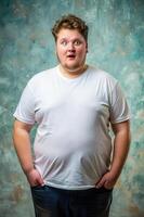 Australian Overweight College Boy, Stylish, Polished, Unisex T Shirt Mockup, Mock Up T Shirt Concept for Retail, Wedding, Creative Agency photo