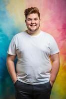 Greek Overweight College Boy, Sophisticated, Harmonious, White Oversized T-Shirt 3D Rendering, Mock Up T Shirt Concept for Blog, Travel, Fashion photo