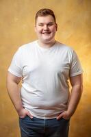 English Endomorph Fatty College Boy, Timeless, Harmonious, Realistic T Shirt Mockup, White T-Shirt Ideal For Design Mockups And Apparel Presentations for Magazine, Personal, Creative Agency photo