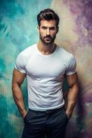 Italian Lean Healthy Gym Guy, Sleek, Balanced, Mockup T Shirt Template, T Shirt White Model for Educational, Travel, Music photo