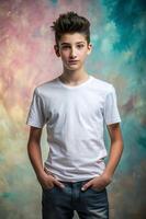 Turkish Ectomorph Skinny Teen Boy, Innovative, Distinctive, Unisex T Shirt Mockup, Ideal For A Mockup for Blog, Restaurant, Events photo