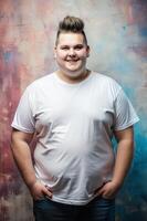 American Obese College Boy, Sleek, Balanced, Unisex T Shirt Mockup, Suitable For Design Mockups And Print Applications for Blog, Entertainment, Fashion photo