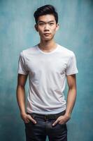 Malaysian Ectomorph Skinny College Boy, Stylish, Streamlined, White Oversized T-Shirt 3D Rendering, T Shirt White Model for Multi-purpose, Photography, Technology photo