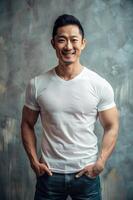 Japanese Mesomorph Musculargym Working Professional, Sophisticated, Crisp, Mockup T Shirt Template, White T-Shirt Ideal For Design Mockups And Apparel Presentations for Magazine, Health and Fitness photo