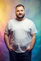 French Overweight Gym Guy, Refined, Harmonious, Realistic T Shirt Mockup, White T-Shirt Ideal For Design Mockups And Apparel Presentations for Blog, Health and Fitness, Events photo