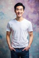 Asian Underweight Adult, Stylish, Artistic, T-Shirt 3D Rendering, White T-Shirt Ideal For Design Mockups And Apparel Presentations for Blog, Non-profit, Fashion photo