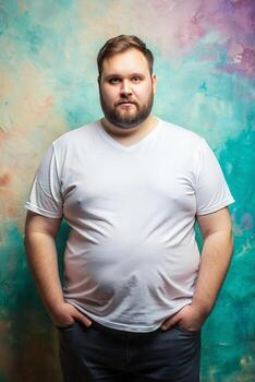 europeo obeso gimnasio chico, innovador, equilibrado, blanco de gran tamaño camiseta con blanco espacio, blanco camiseta ideal para diseño maquetas y vestir presentaciones para educativo, fotografía, creativo agencia foto