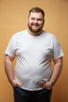 Dutch Obese Working Professional, Elegant, Futuristic, White Oversized T-Shirt With Blank Space, T Shirt White Model for E-commerce, Travel, Music photo