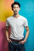 Korean Ectomorph Skinny Gym Guy, Contemporary, Balanced, Realistic T Shirt Mockup, Suitable For Design Mockups And Print Applications for Magazine, Entertainment, Technology photo