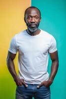 Kenyan Ectomorph Skinny Middle-Aged, Innovative, Simple, Mockup T Shirt Template, T Shirt White Model for News, Travel, Events photo