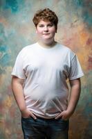 English Endomorph Fatty Teen Boy, Fresh, Distinctive, Realistic T Shirt Mockup, White T-Shirt Ideal For Design Mockups And Apparel Presentations for News, Travel, Fashion photo