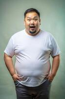 Malaysian Obese Middle-Aged, Sophisticated, Artistic, White Oversized T-Shirt With Blank Space, Mock Up T Shirt Concept for Magazine, Photography, Creative Agency photo
