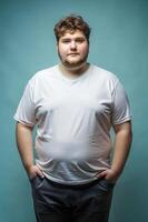 French Overweight College Boy, Elegant, Streamlined, Half Sleeves, T Shirt White Model for E-commerce, Non-profit, Creative Agency photo