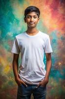 Bangladeshi Endomorph Fatty Teen Boy, Chic, Streamlined, White Oversized T-Shirt 3D Rendering, Suitable For Design Mockups And Print Applications for Portfolio, Real Estate, Fashion photo