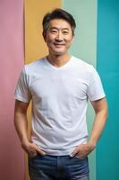 Korean Endomorph Fatty Middle-Aged, Sleek, Simple, Half Sleeves, T Shirt White Model for Multi-purpose, Photography, Events photo