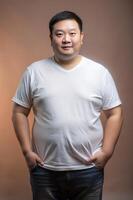 Vietnamese Overweight Middle-Aged, Sleek, Balanced, T-Shirt 3D Rendering, Template Of Fashion Clothes for Multi-purpose, Real Estate, Events photo