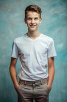 Swedish Ectomorph Skinny Teen Boy, Sophisticated, Bold, Half Sleeves, White T-Shirt Ideal For Design Mockups And Apparel Presentations for Multi-purpose, Real Estate, Creative Agency photo