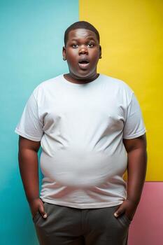 africano exceso de peso adolescente chico, elegante, crujiente, t camisa Bosquejo modelo, adecuado para diseño maquetas y impresión aplicaciones para educativo, comunidad, música foto