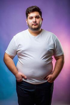 argentino obeso Universidad chico, refinado, equilibrado, t camisa Bosquejo modelo, burlarse de arriba t camisa concepto para portafolio, entretenimiento, tecnología foto