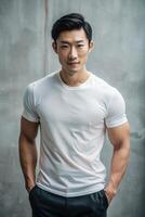 Asian Endomorph Fatty Gym Guy, Sophisticated, Simple, T Shirt Mockup Model, Template Of Fashion Clothes for Business, Non-profit, Technology photo