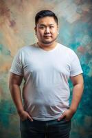 Filipino Overweight Working Professional, Sleek, Bold, T Shirt Mockup Model, Mock Up T Shirt Concept for Retail, Community, Fashion photo