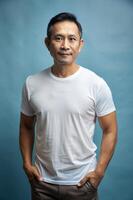 Indonesian Athletic Middle-Aged, Fresh, Distinctive, T-Shirt 3D Rendering, White T-Shirt Ideal For Design Mockups And Apparel Presentations for Educational, Marketplace, Technology photo