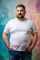 Spanish Obese Middle-Aged, Fresh, Polished, Perfect For Fashion, Clothing, Mock Up T Shirt Concept for News, Community, Fashion photo