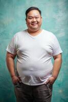 Filipino Obese Middle-Aged, Innovative, Bold, Mockup T Shirt Template, T Shirt White Model for Educational, Personal, Fashion photo