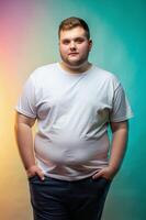 French Overweight College Boy, Innovative, Streamlined, White Oversized T-Shirt With Blank Space, Template Of Fashion Clothes for E-commerce, Marketplace, Fashion photo