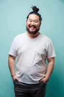 Japanese Obese Working Professional, Sophisticated, Distinctive, T Shirt Mockup Model, White T-Shirt Ideal For Design Mockups And Apparel Presentations for Educational, Photography, Technology photo