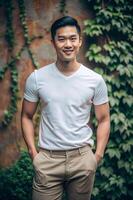 Malaysian Endomorph Fatty Working Professional, Refined, Distinctive, Unisex T Shirt Mockup, White T-Shirt Ideal For Design Mockups And Apparel Presentations for Corporate, Entertainment, Fashion photo