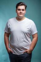 French Overweight College Boy, Stylish, Simple, Half Sleeves, T Shirt White Model for Multi-purpose, Real Estate, Events photo