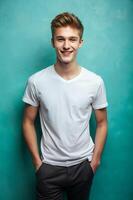 Australian Underweight College Boy, Sleek, Simple, White Oversized T-Shirt With Blank Space, Ideal For A Mockup for E-commerce, Community, Creative Agency photo