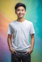 Malaysian Underweight Teen Boy, Chic, Streamlined, T Shirt Mockup Model, White T-Shirt Ideal For Design Mockups And Apparel Presentations for Portfolio, Photography, Technology photo