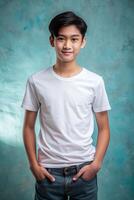 Malaysian Underweight Teen Boy, Innovative, Streamlined, Mockup T Shirt Template, Ideal For A Mockup for E-commerce, Photography, Fashion photo