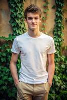 Greek Lean Healthy College Boy, Sophisticated, Balanced, White Oversized T-Shirt With Blank Space, Template Of Fashion Clothes for Corporate, Community, Technology photo