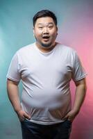 Asian Obese Gym Guy, Elegant, Harmonious, T-Shirt 3D Rendering, T Shirt White Model for Educational, Marketplace, Creative Agency photo