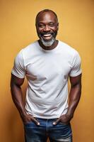 African Lean Healthy Middle-Aged, Innovative, Bold, White Oversized T-Shirt 3D Rendering, Mock Up T Shirt Concept for Blog, Wedding, Events photo