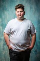 English Obese Teen Boy, Sleek, Bold, Realistic T Shirt Mockup, White T-Shirt Ideal For Design Mockups And Apparel Presentations for Multi-purpose, Photography, Creative Agency photo